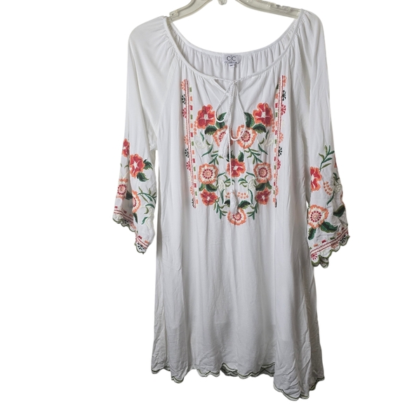 Chic Connection White Embroidered Floral Tunic Dress Bohemian Peasant Beachy M - Picture 2 of 14
